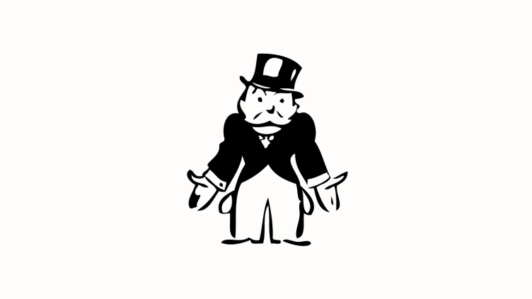 Cartoon of a top-hatted tycoon with empty pockets turned out
