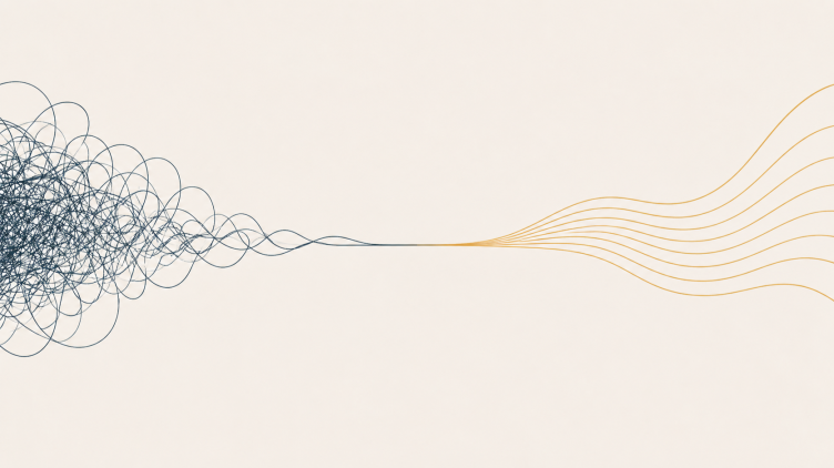 Tangled dark lines on the left straightening into smooth orange lines on the right