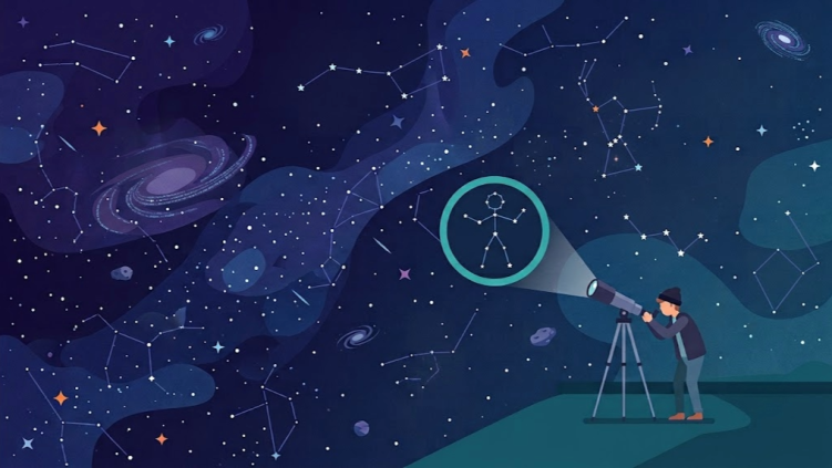 Illustration of a person looking through a telescope at a starry night sky full of constellations